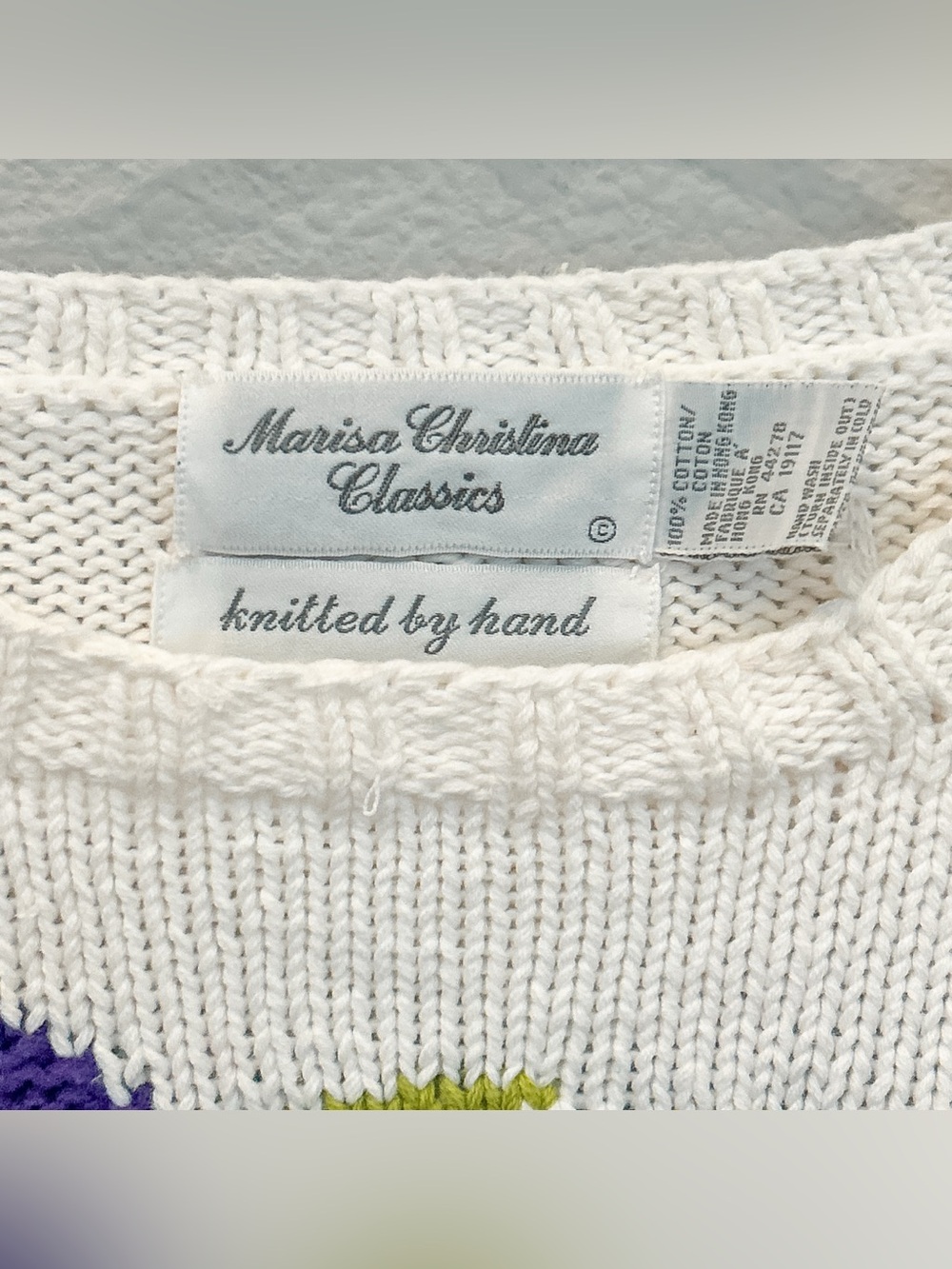 Vintage Hand Floral Hand Knit Sweater With Pansies Flowers Artsy Size S/M 90s - Picture 3 of 11